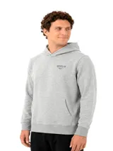 Buzo con capucha de algodón gris, con bolsillo frontal tipo canguro y logo de la marca estampado en el pecho.