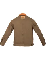 Campera color beige de gabardina 100% algodón, con cuello marrón de pana, cierre metálico reforzado, bolsillos internos y externos, forro de paño, puños y cintura ajustables.