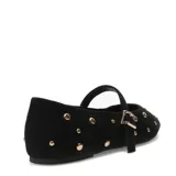 Bailarinas planas negras con punta fina, estilo Mary Jane, con tira ajustable en el empeine y tachas metálicas doradas decorativas en toda la superficie.