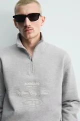 Sudadera de corte regular con cuello subido y cierre frontal de cremallera. Presenta mangas largas, puños y ruedo en rib, y bordados decorativos a contraste en el frente.