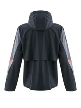 Campera de running Under Armour Velociti Strm Hdd Jkt para hombre, color negro con capucha, cierre frontal completo, logo en el pecho y detalles estampados en las mangas.