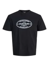 Camiseta negra de manga corta y cuello redondo, con fit relajado. Presenta un estampado frontal ovalado con texto en blanco que incluye "ESTABLISHED IN COPENHAGEN 1990", "JACK&JONES WORLDWIDE MRK", "ORIGINALS CREATIVE DEPARTMENT DAILY BASICS" y "FROM VISION TO REALITY".