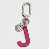 Llavero o charm para accesorios con forma de letra H en color fucsia, con gancho metálico y dije circular pequeño con la marca Bubba grabada.