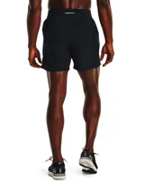 Short deportivo Under Armour modelo Launch Pro 5, diseñado para running. Confeccionado en tejido ultraligero y elástico en cuatro direcciones, cuenta con forro interior de malla para mayor transpirabilidad, cintura elástica con cordón interno, bolsillo central trasero expandible y detalles reflectantes.