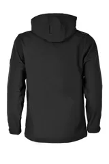 Campera negra de neopreno con capucha desmontable, cierre frontal y bolsillos laterales con cierre.