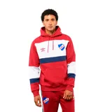 Canguro con capucha de la marca Umbro, oficial del Club Nacional de Football. Presenta un diseño tricolor en bloques de color bordó, blanco y azul marino, con el escudo del club y el logo de la marca bordados en el frente. Incluye bolsillo tipo canguro y cordones ajustables en la capucha.