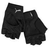 Guantes de entrenamiento Puma modelo Gym Men, color negro, con diseño sin dedos, palma acolchada y cierre de velcro ajustable. Incluye logo de la marca y detalle PWRFIT.