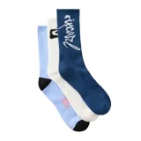 Pack de tres pares de medias largas Rip Curl en tonos azul, blanco y celeste, con inscripciones de la marca y detalles contrastantes en puntera y talón.