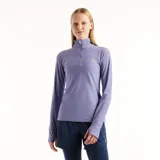 Buzo deportivo de manga larga color lila, con cuello alto, cierre frontal de un cuarto (1/4 zip) y el logo reflectante de la marca en el pecho.