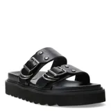 Sandalias tipo slide de color negro con plataforma dentada. Presentan dos tiras anchas superiores con hebillas metálicas ajustables y apliques de tachas plateadas.