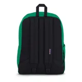 Mochila Jansport modelo Superbreak, color verde brillante, con un compartimento principal amplio y un bolsillo frontal con cierre. Cuenta con asa superior para colgar.