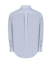 Camisa de manga larga RKF con diseño de rayas verticales finas en color azul sobre fondo blanco. Presenta cuello italiano, cierre frontal con botones, bolsillo en el pecho con logo bordado y puños con botones.