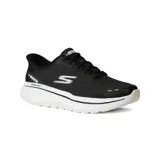 Championes deportivos Skechers Hands Free Slip-ins Relaxed Fit: GO WALK Arch Fit N-Joy - Nobend, color negro con detalles en blanco. Diseñados con Heel Pillow, capellada de malla técnica, cordones elásticos fijos y plantilla extraíble Arch Fit.