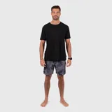 Short de baño con estampado botánico en tonos grises y azules, con cintura elástica y cordón de ajuste.