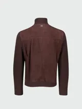 Campera híbrida de hombre con cuerpo frontal de gamuza y mangas y cuello de tejido de punto acanalado. Presenta cierre frontal y bolsillos laterales con botón a presión.