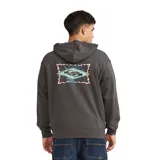 Campera canguro de felpa con cierre frontal completo y capucha ajustable con cordón, color plomo, con bolsillos tipo canguro y pequeño estampado gráfico en el pecho.