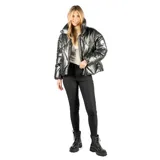 Campera puffer plateada con cuello alto, cierre frontal negro, bolsillos laterales y elástico interno para mejor ajuste.