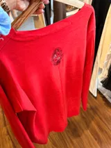 Remera de algodón color rojo con escote en V, mangas largas y diseño holgado. Presenta una costura vertical central en el frente.