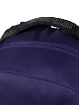 Mochila Cat modelo Explorer, color azul, con compartimento principal y bolsillo acolchado para laptop. Cuenta con bolsillo frontal con cierre, bolsillos laterales de malla, correas acolchadas y panel trasero ergonómico. Incluye detalles de cordones decorativos y logotipo reflectante.