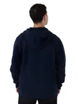 Hoodie Columbia Beaumount color azul marino, con capucha ajustable con cordón, bolsillo tipo canguro y parche cuadrado con logo en el pecho.