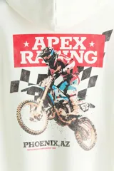Canguro de corte holgado en color blanco, con capucha ajustable mediante cordones, bolsillo frontal tipo canguro y puños acanalados. Presenta un estampado gráfico en el pecho con la leyenda 'Apex Racing' y la silueta de un motociclista.