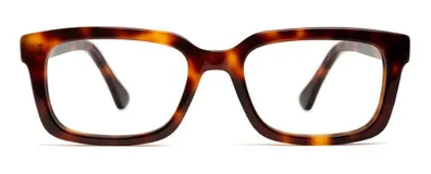 Armazón de acetato color carey con forma rectangular alargada, patillas con núcleo de metal plateado y terminales antideslizantes.