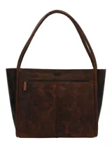 Cartera tipo tote de hombro confeccionada en cuero 100% natural color marrón. Presenta un diseño en relieve con motivos florales en la parte frontal y trasera, y correas de hombro con el mismo diseño. Cuenta con un compartimento principal con cierre de cremallera y correa imantada, además de tres bolsillos interiores, uno de ellos con cierre.