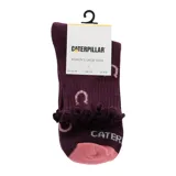 Calcetines Caterpillar para mujer, color borgoña con detalles en rosa y volantes en el tobillo. Presentan el logo de la marca y un diseño de herraduras.