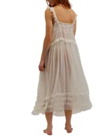 Vestido midi celeste de poliéster con breteles finos y volados en el escote, la cintura y el ruedo.