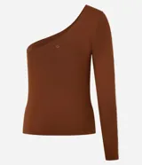Blusa deportiva de microfibra color marrón, con escote asimétrico de un solo hombro y manga larga con recorte contrastante color beige.