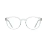 Lentes de receta con armazón de acetato transparente en forma redondeada.