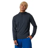 Buzo deportivo New Balance Tenacity Hooded Quarter Zip para hombre, color gris oscuro jaspeado, con capucha y cierre de cremallera corto. Confeccionado en tejido elástico de poliéster con tecnología NB Dry que absorbe la humedad.