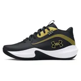 Championes de básquetbol Under Armour Lockdown 7, color negro con detalles en dorado y entresuela blanca. Presentan parte superior de malla transpirable con superposiciones de cuero, entresuela de EVA para mayor reactividad y suela de caucho con patrón de espiga para un control óptimo en la cancha.