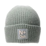 Gorro tipo beanie de tejido de punto acanalado en color celeste, con vuelta y parche frontal de silicona transparente con el logo N+ Club en color crema.