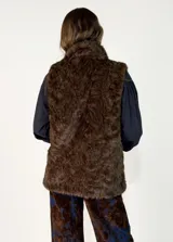 Chaleco de piel sintética en color negro, con cuello alto y diseño sin mangas. Presenta una textura suave y voluminosa, ideal para climas fríos.