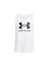 Musculosa deportiva Under Armour de corte clásico, color blanco con el logo de la marca estampado en negro en el centro del pecho.