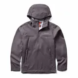 Campera impermeable Merrell modelo Fallon Rain Shell, color gris oscuro, con capucha ajustable, cierre frontal completo, bolsillos laterales con cierre y puños ajustables con velcro.