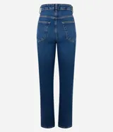 Pantalón de jean azul de corte recto, tiro alto y trabillas laterales en la cintura.
