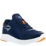 Championes deportivos Topper modelo Warp Mns, color azul marino con detalles en gris y naranja. Presentan una capellada de malla transpirable con refuerzos sintéticos, cierre con cordones y una suela de goma blanca con inserciones en color naranja para mayor tracción.