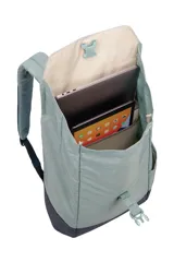 Mochila Thule Lithos de 16 litros, con diseño bicolor en tonos verde agua y gris oscuro. Cuenta con solapa superior ajustable con cierre de broche, compartimento acolchado para laptop, bolsillo lateral para botella y panel posterior acolchado para mayor comodidad.