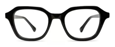Armazón para lentes de receta geométrico color negro, con ángulos suavizados y patillas antideslizantes con núcleo de metal plateado.