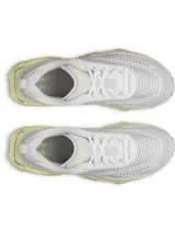 Championes Under Armour Halo Racer, color blanco con detalles en gris y amarillo neón. Cuentan con tecnología HOVR+ para mayor amortiguación y una geometría de balancín para impulsar el movimiento.