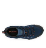 Championes de trekking Columbia modelo Crestwood Waterproof, color azul oscuro con detalles en naranja. Presentan una construcción impermeable con tecnología Omni-Tech, entresuela TechLite para amortiguación y suela Omni-Grip para tracción en diversos terrenos.