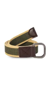 Cinto de tela canvas azul marino con galón de rayas blancas y celestes, hebilla doble metálica color peltre y terminaciones en símil cuero marrón.