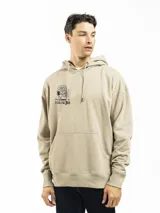 Canguro beige de felpa con capucha, bolsillo frontal tipo canguro y estampado de una flor con cara sonriente y texto "FORUM IND".