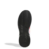 Championes de tenis Adidas Gamecourt 2.0, color blanco con detalles en rojo vibrante y suela negra. Presentan una parte superior de malla transpirable con refuerzos sintéticos, mediasuela de EVA para amortiguación y suela ADIWEAR para mayor durabilidad.
