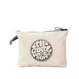 Bolso de mano color crema con cierre superior y estampa circular con el logo de Rip Curl y la leyenda "Rip Curl Wetsuits Torquay, Trestles, Hossegor".
