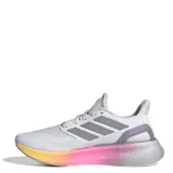 Championes Adidas Pureboost 5 color gris claro con detalles plateados y suela degradada en tonos naranja, rosa y lila.