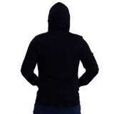Campera deportiva Diadora de color negro, con cierre frontal completo, capucha con cordones ajustables y bolsillos tipo canguro. Presenta el logo de la marca bordado en el pecho.