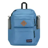 Mochila Jansport color celeste, modelo Double Elemental Blue, con dos compartimentos principales, dos bolsillos frontales con cierre y logo de la marca en la parte inferior.
